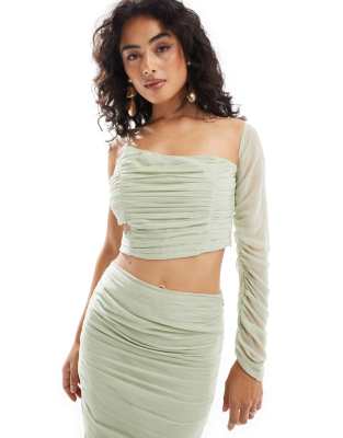 Asos Design Chiffon Ruffle Top In Green