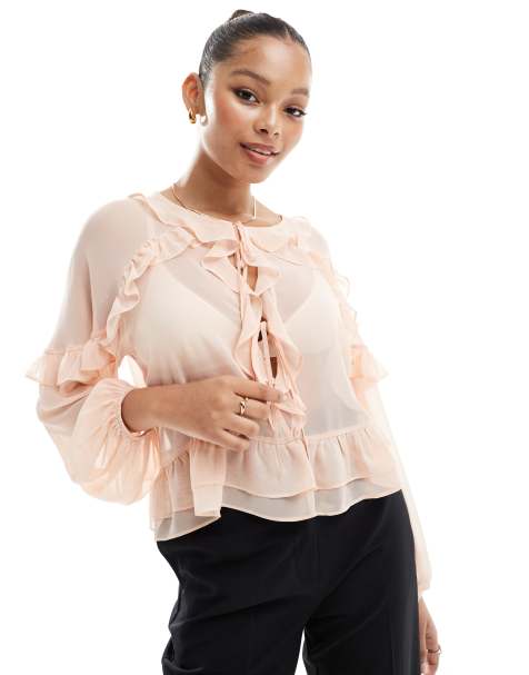 ASOS DESIGN chiffon ruffle volume sleeve blouse in soft pink - view 1