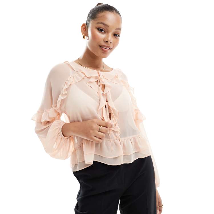 ASOS DESIGN chiffon ruffle volume sleeve blouse in soft pink
