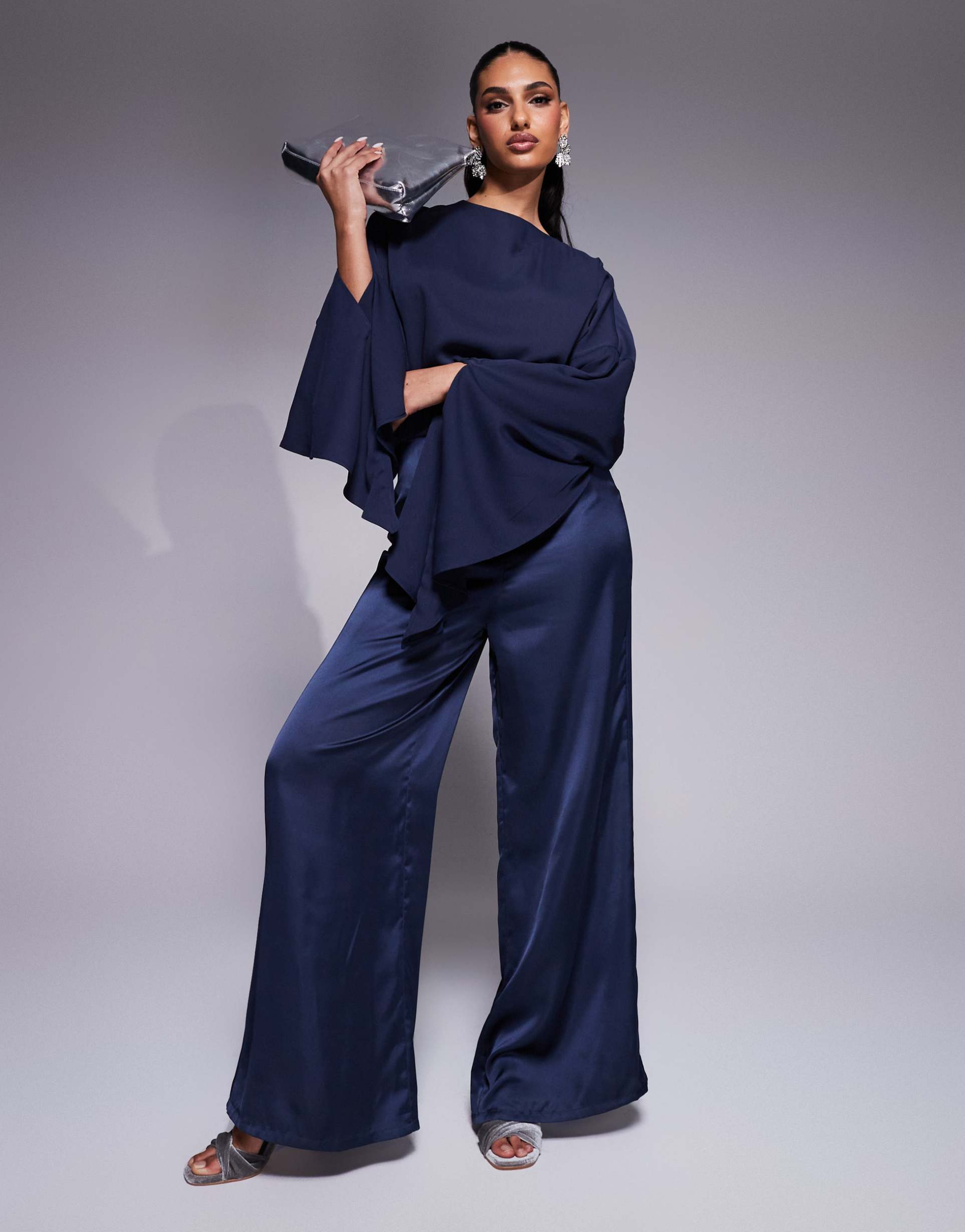 asos design chiffon satin mix wide leg jumpsuit with exaggerated sleeves in steel blue