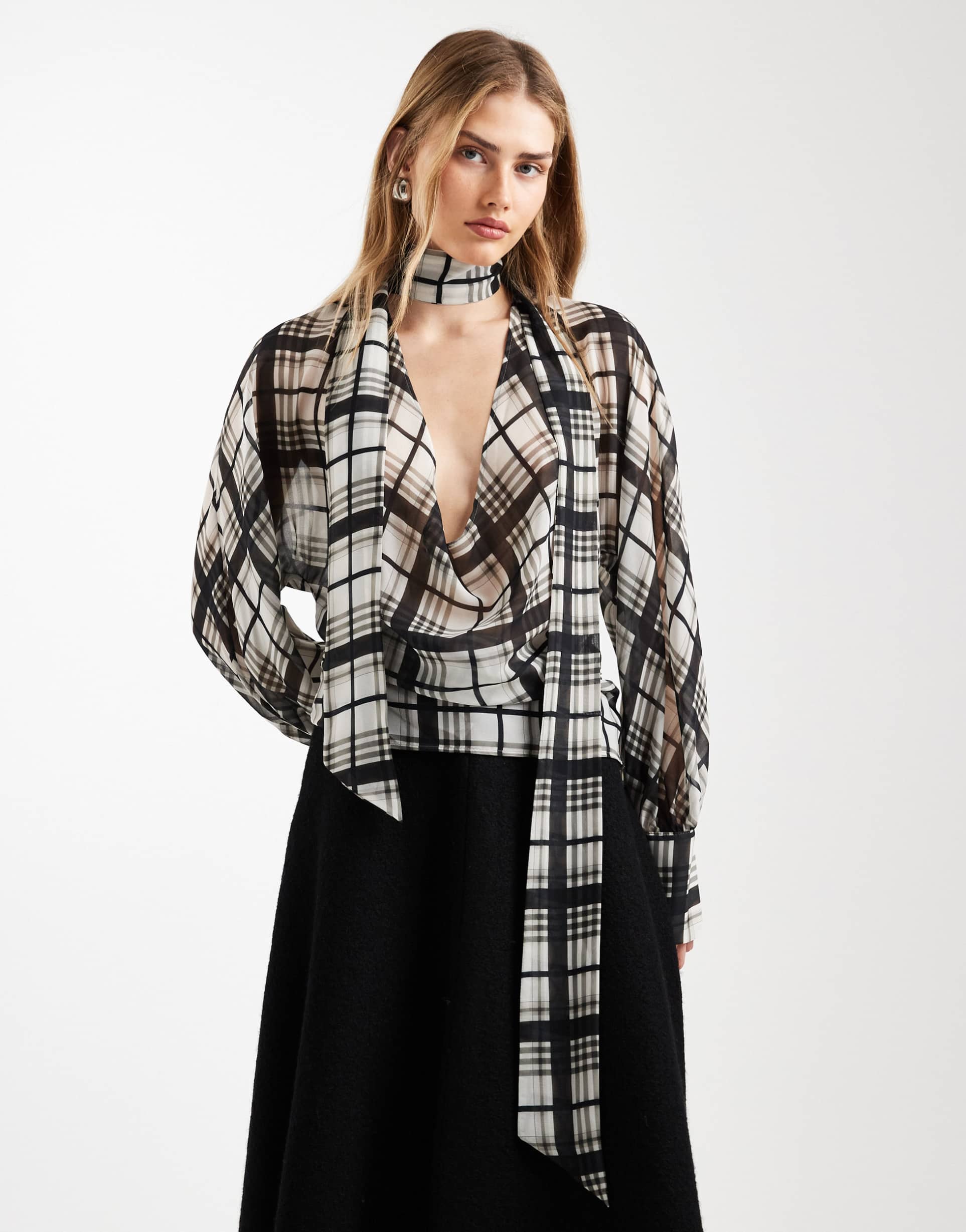 asos design chiffon scarf cowl neck blouse in plaid