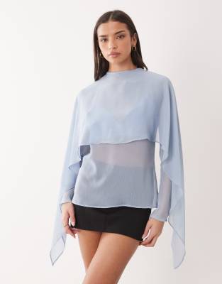 Asos Design Chiffon Scarf Detail Sheer Blouse In Blue