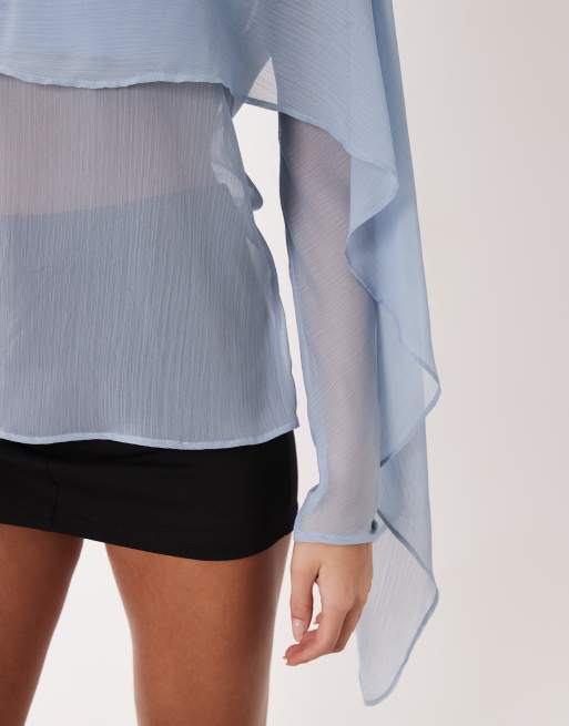 ASOS DESIGN chiffon scarf detail sheer blouse in blue, 3 of 4