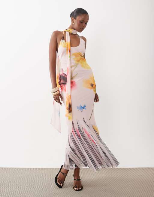 ASOS DESIGN chiffon scarf maxi dress with godet hem in mixed floral stripe print, 2 of 4