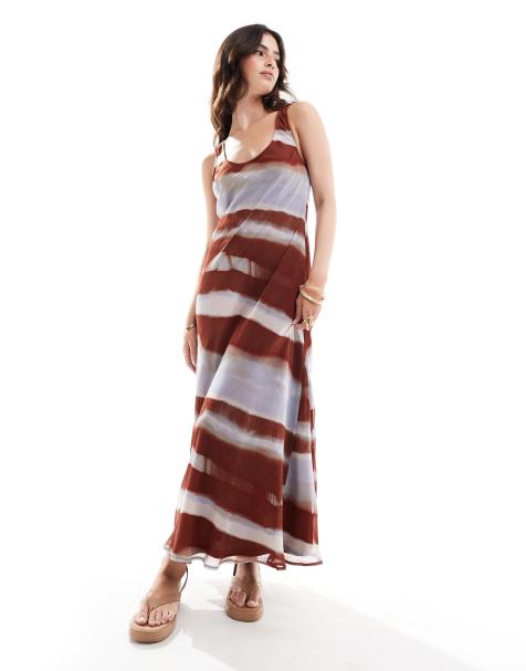 ASOS DESIGN chiffon scoop neck midi slip dress in abstract rust stripe - view 1
