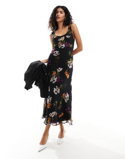 ASOS DESIGN chiffon scoop neck midi slip dress in black floral print - view 1