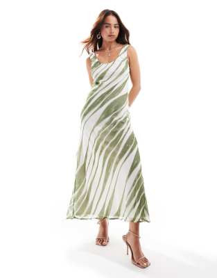 Asos Design Chiffon Scoop Neck Midi Slip Dress In Green Stripe Print-multi