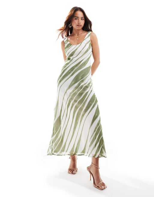 FhyzicsShops DESIGN chiffon scoop neck midi slip dress in green stripe print