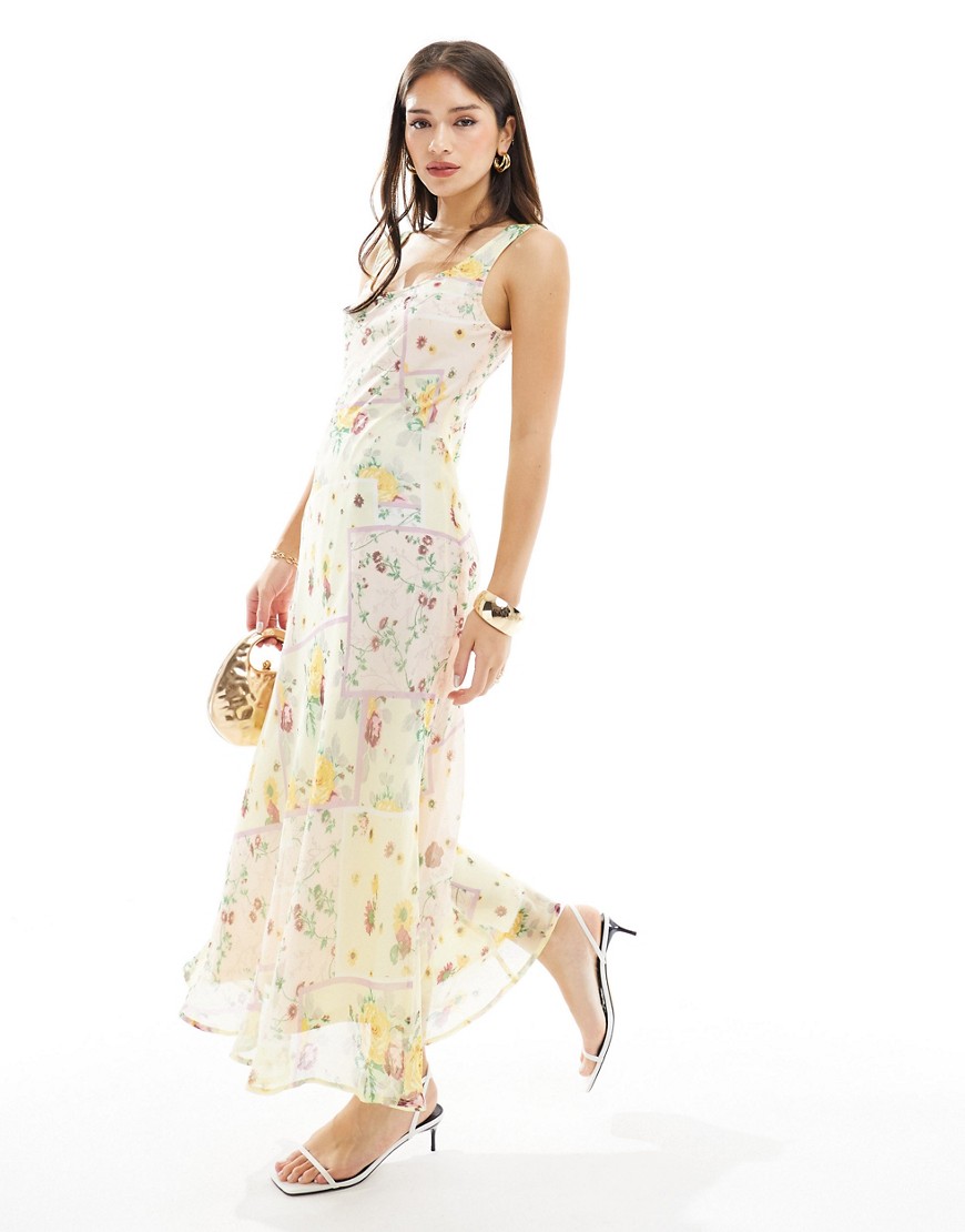 chiffon scoop neck midi slip dress in light based floral print-Multi