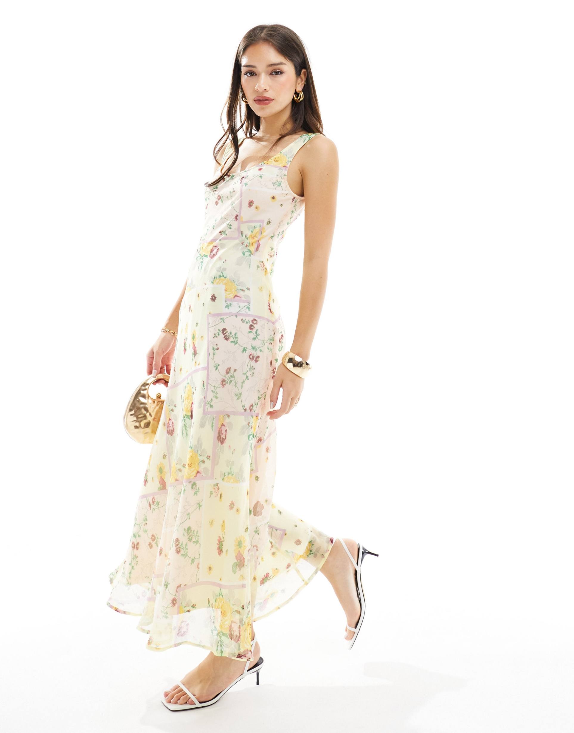 asos design chiffon scoop neck midi slip dress in light based floral print