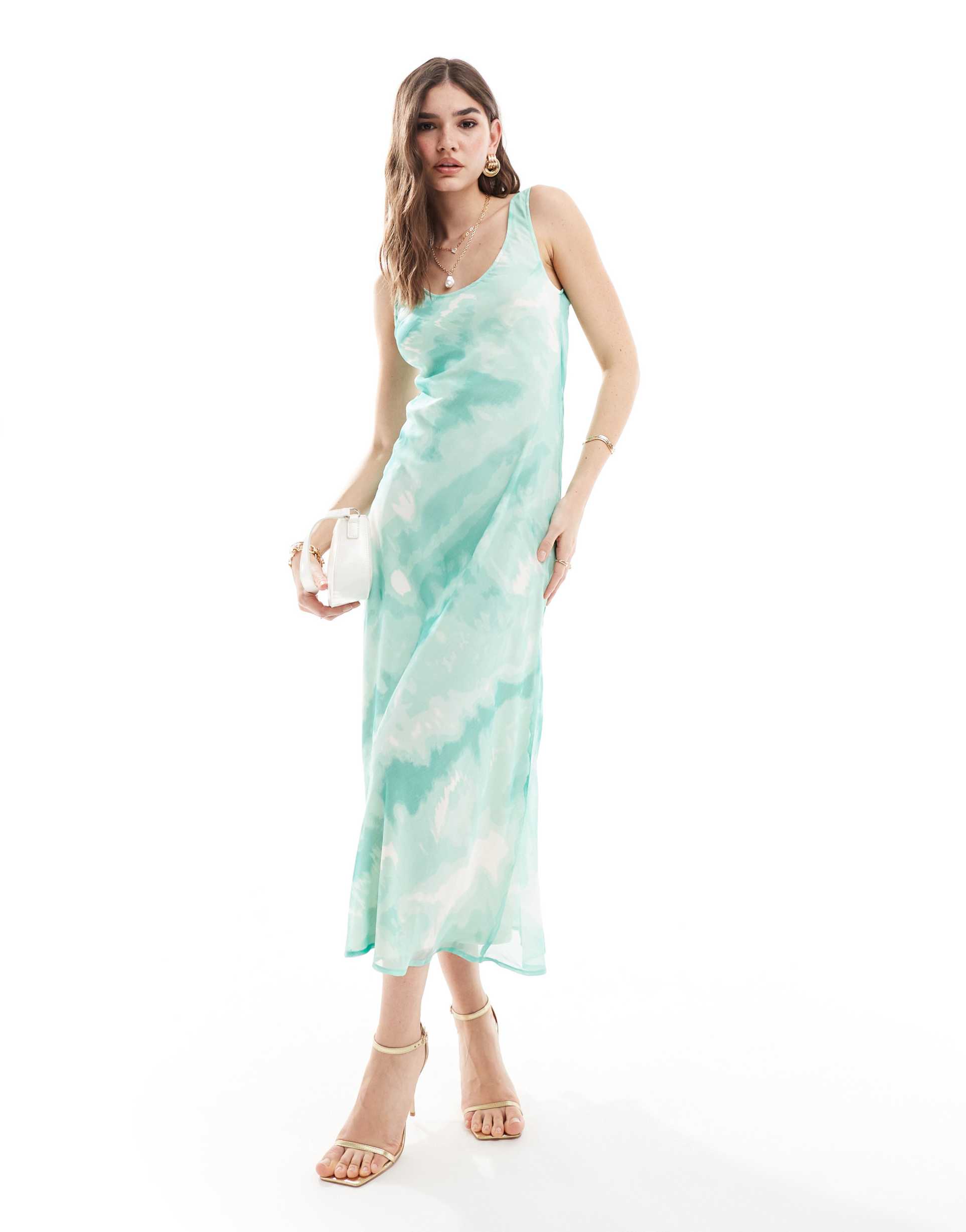 asos design chiffon scoop neck midi slip dress in tie-dye print