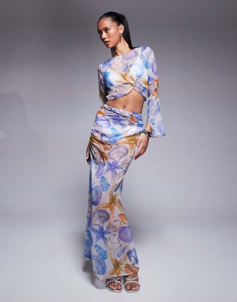 ASOS DESIGN – Chiffon-Set mit Muschelprint bestehend aus Maxirock und langärmligem, kurz geschnittenem Oberteil - view 1