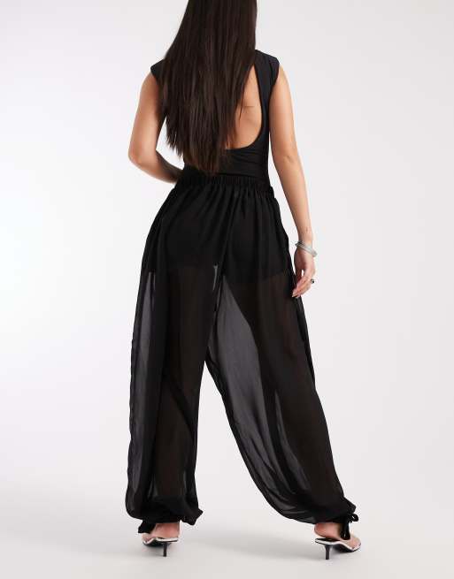 ASOS DESIGN chiffon sheer balloon trouser in black, 3 of 5