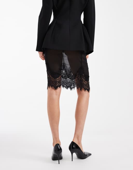 ASOS DESIGN chiffon sheer lace trim midi skirt in black, 4 of 5