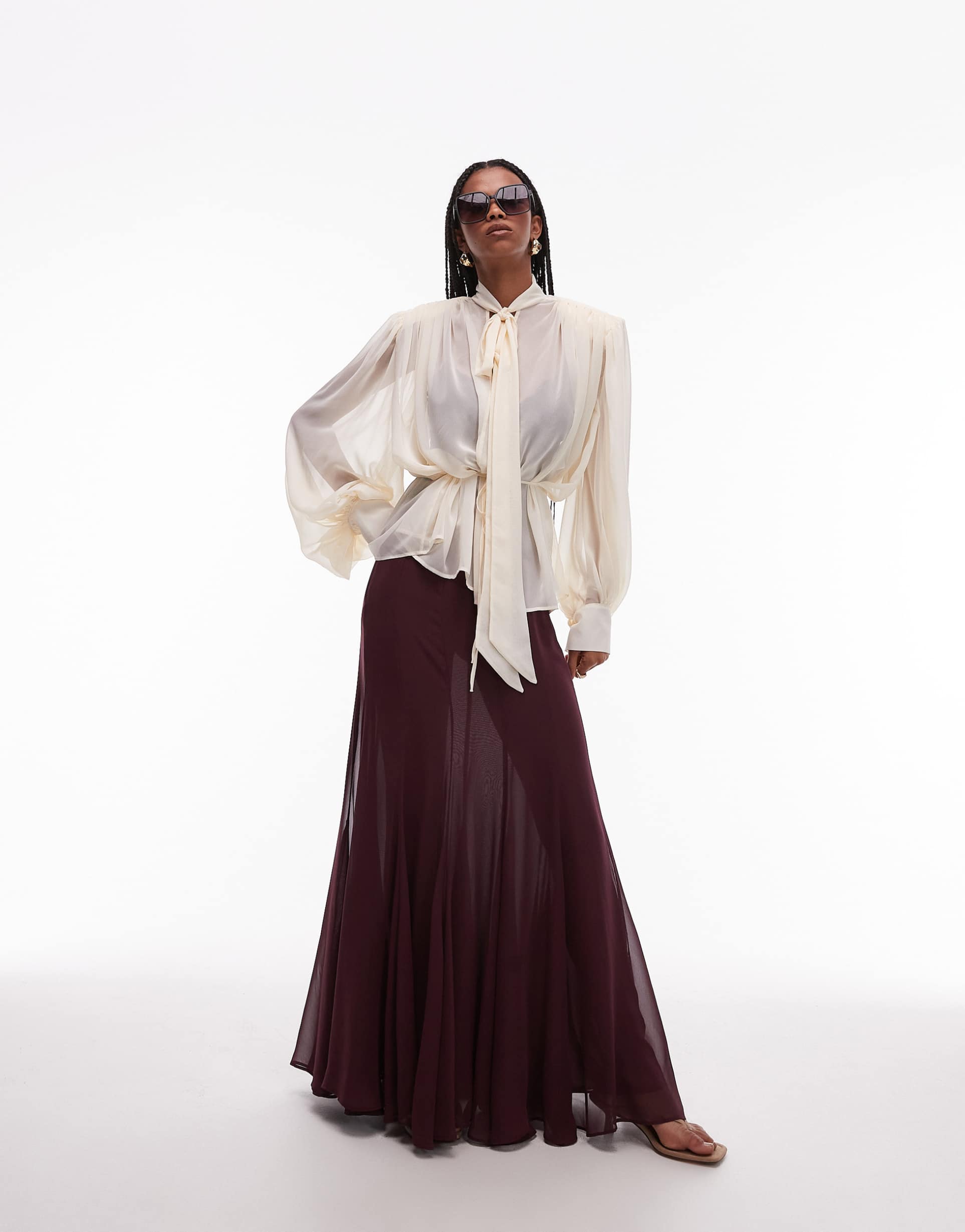 asos design chiffon sheer panel maxi skirt in plum