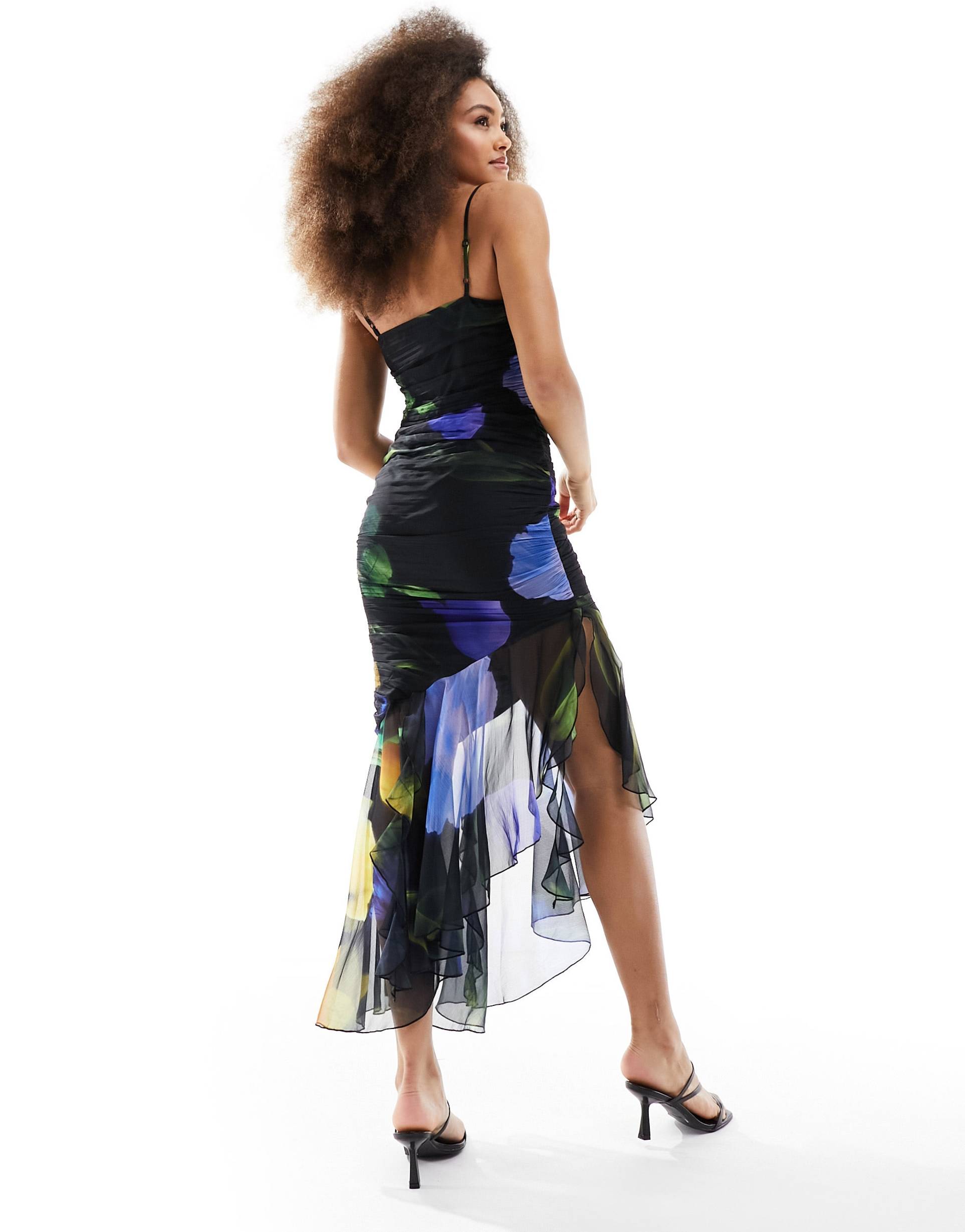 asos design chiffon shirred bodice strappy midi dress with asymmetric tendril hem