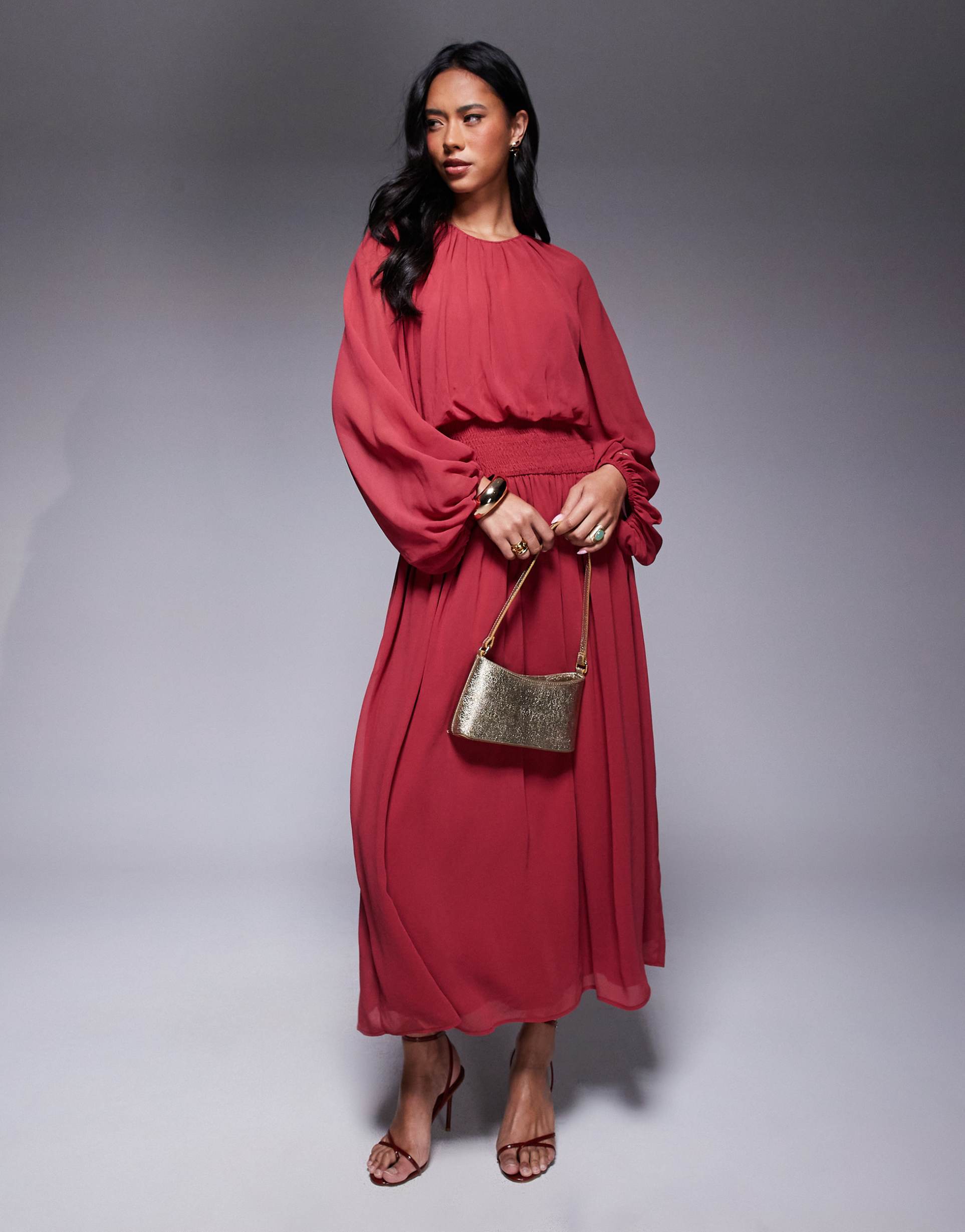 asos design chiffon shirred waist maxi dress in deep cherry