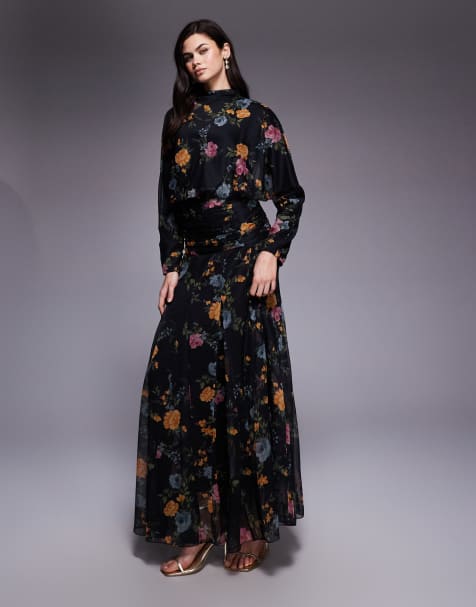 ASOS DESIGN chiffon shirred waist panel godet maxi dress in black floral - view 1