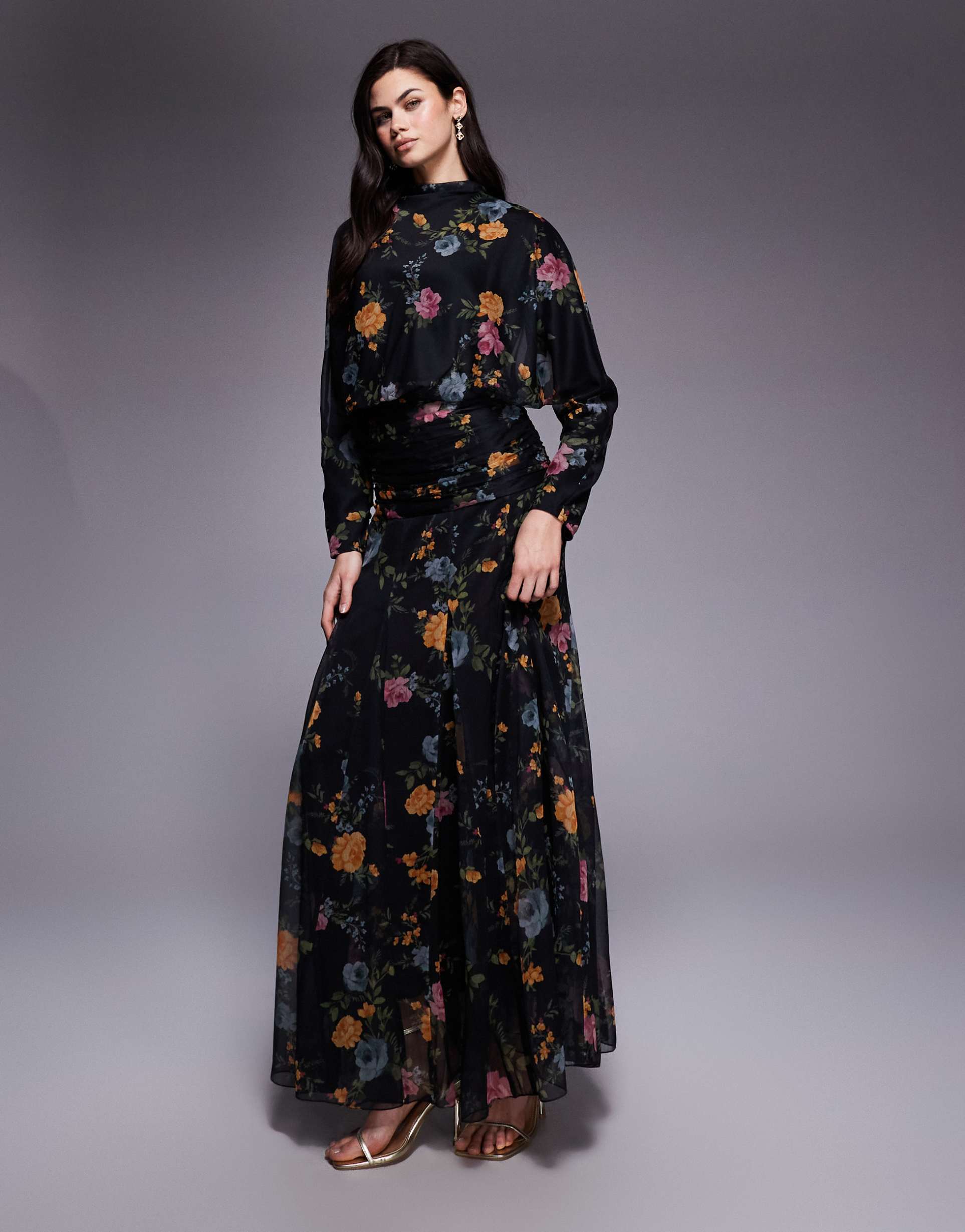 asos design chiffon shirred waist panel godet maxi dress in black floral