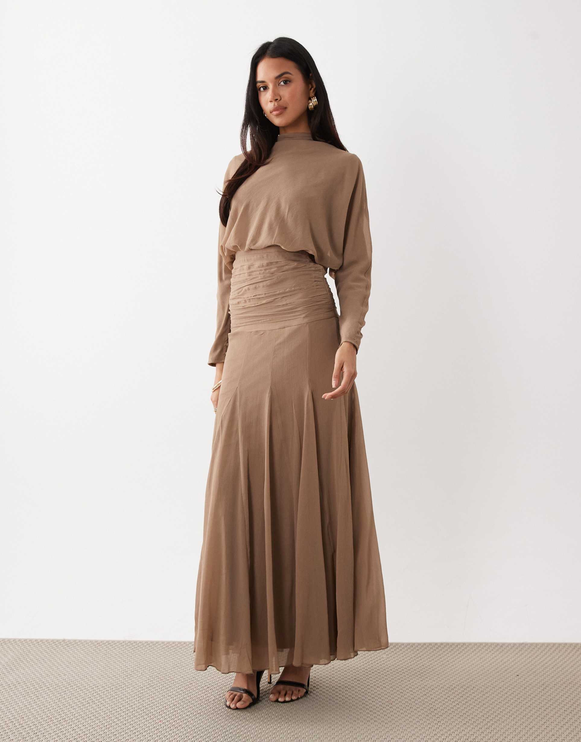 asos design chiffon shirred waist panel godet maxi dress in taupe