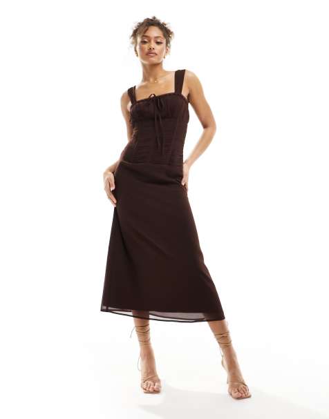 ASOS DESIGN chiffon shirred waist strappy midi dress with tie neck and lace trim detail in chocolate - view 1