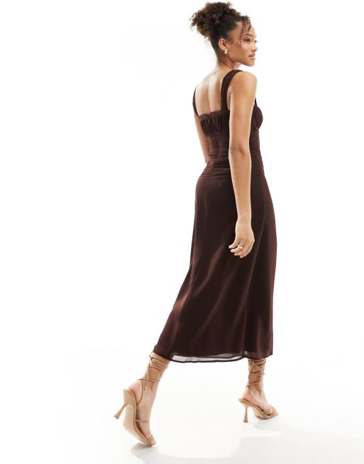 ASOS DESIGN chiffon shirred waist strappy midi with tie neck and lace trim  detail in chocolate