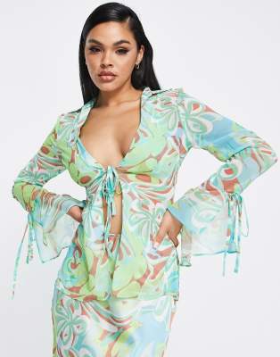 ASOS DESIGN chiffon shirt in green swirl print - part of a set-Multi