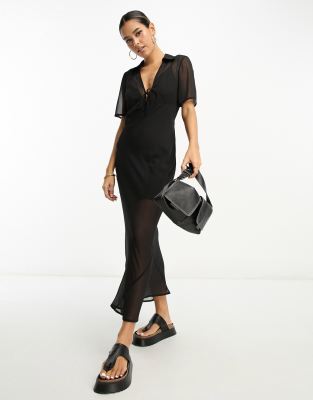 Asos Design Chiffon Short Sleeve Collar Midi Dress In Black