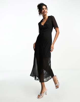 Asos Design Chiffon Short Sleeve Collar Midi Dress In Black In Black