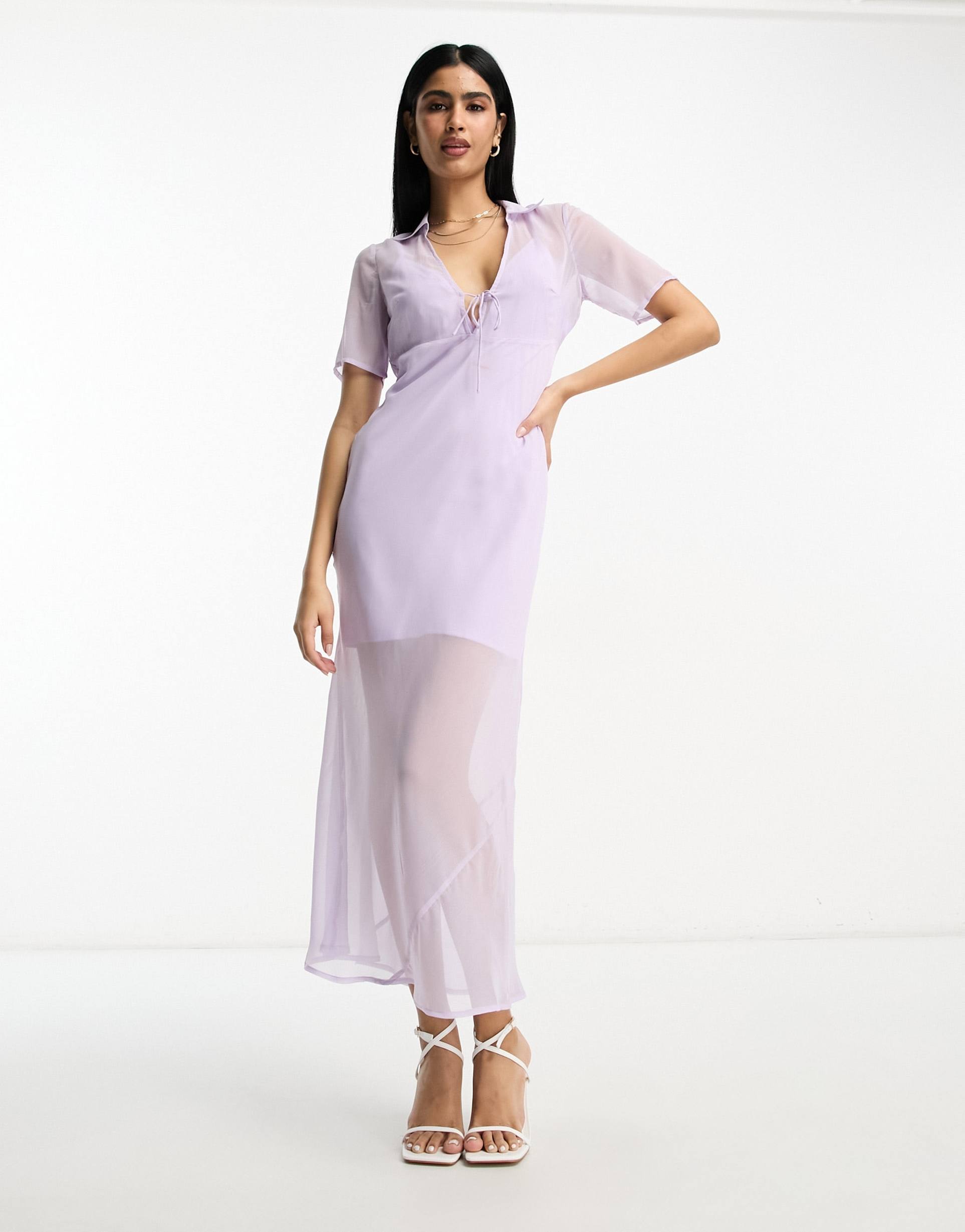 asos design chiffon short sleeve collar midi dress in pale lilac