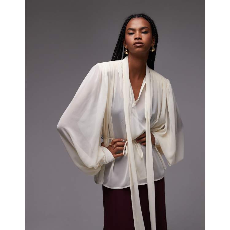トップス maison celon chiffon tie blouse white New White Chiffon Women Blouse Fashion Long Sleeve with Tie