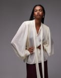 [ASOS DESIGN] ASOS DESIGN chiffon shoulder pad boho tie blouse in ecru-White 8 Ecru