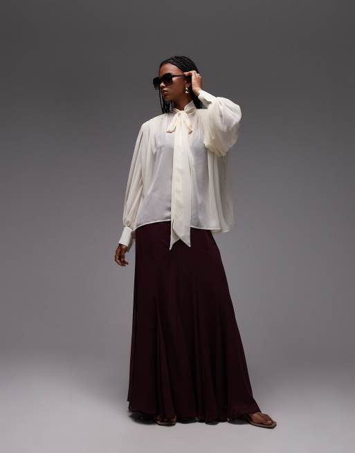 ASOS DESIGN chiffon shoulder pad boho tie blouse in ecru