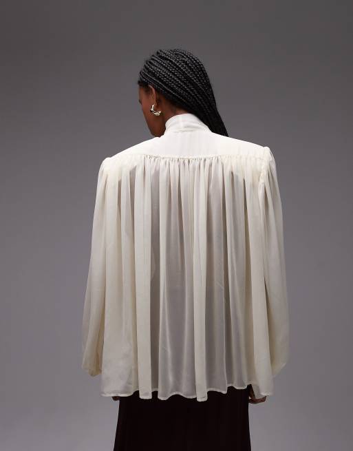 ASOS DESIGN chiffon shoulder pad boho tie blouse in ecru