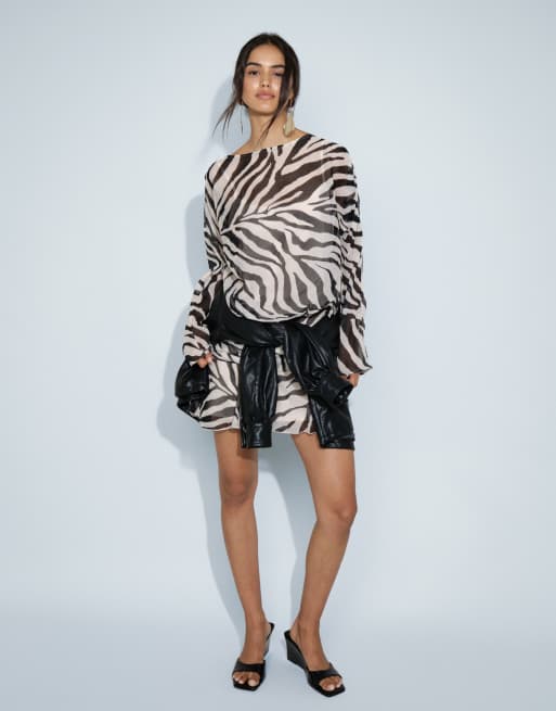 ASOS DESIGN chiffon slash neck long sleeve blouson mini dress in zebra print, 2 of 9