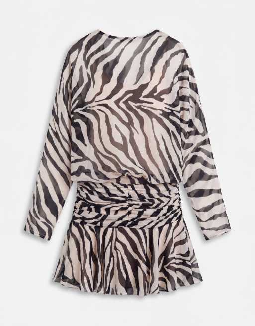 ASOS DESIGN chiffon slash neck long sleeve blouson mini dress in zebra print, 6 of 9