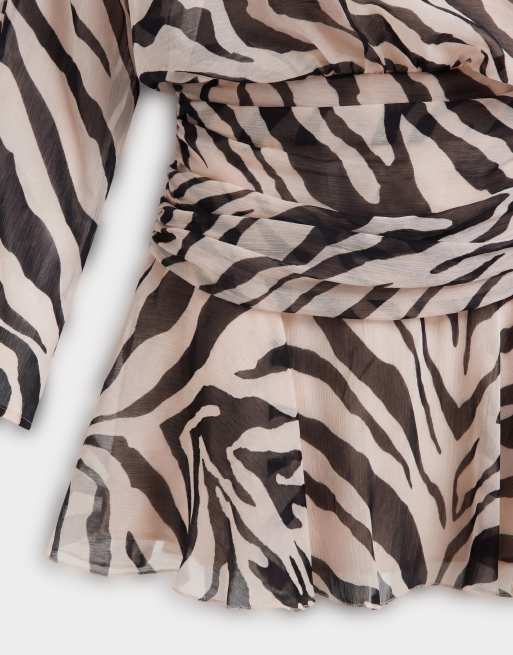 ASOS DESIGN chiffon slash neck long sleeve blouson mini dress in zebra print, 8 of 9