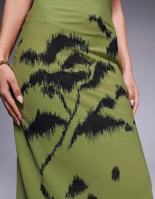 ASOS DESIGN CHIFFON SLASH NECK MAXI SLIP DRESS WITH SKETCHY PLACEMENT FLORAL PRINT-GREEN 