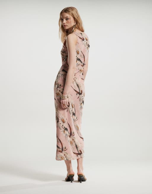 ASOS DESIGN chiffon slash neck midaxi slip dress in pink daisy stripe print