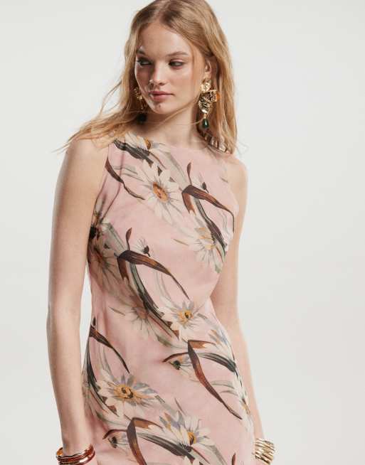 ASOS DESIGN chiffon slash neck midaxi slip dress in pink daisy stripe print