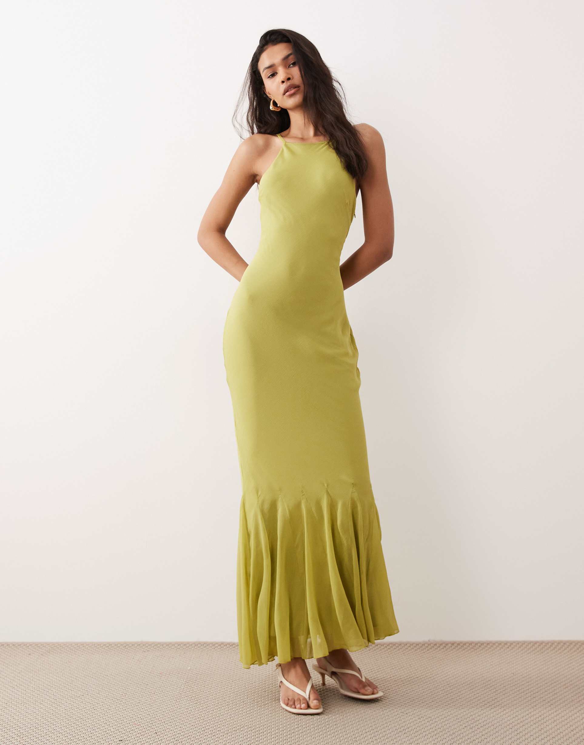 asos design chiffon sleeveless maxi dress with godet hem in green