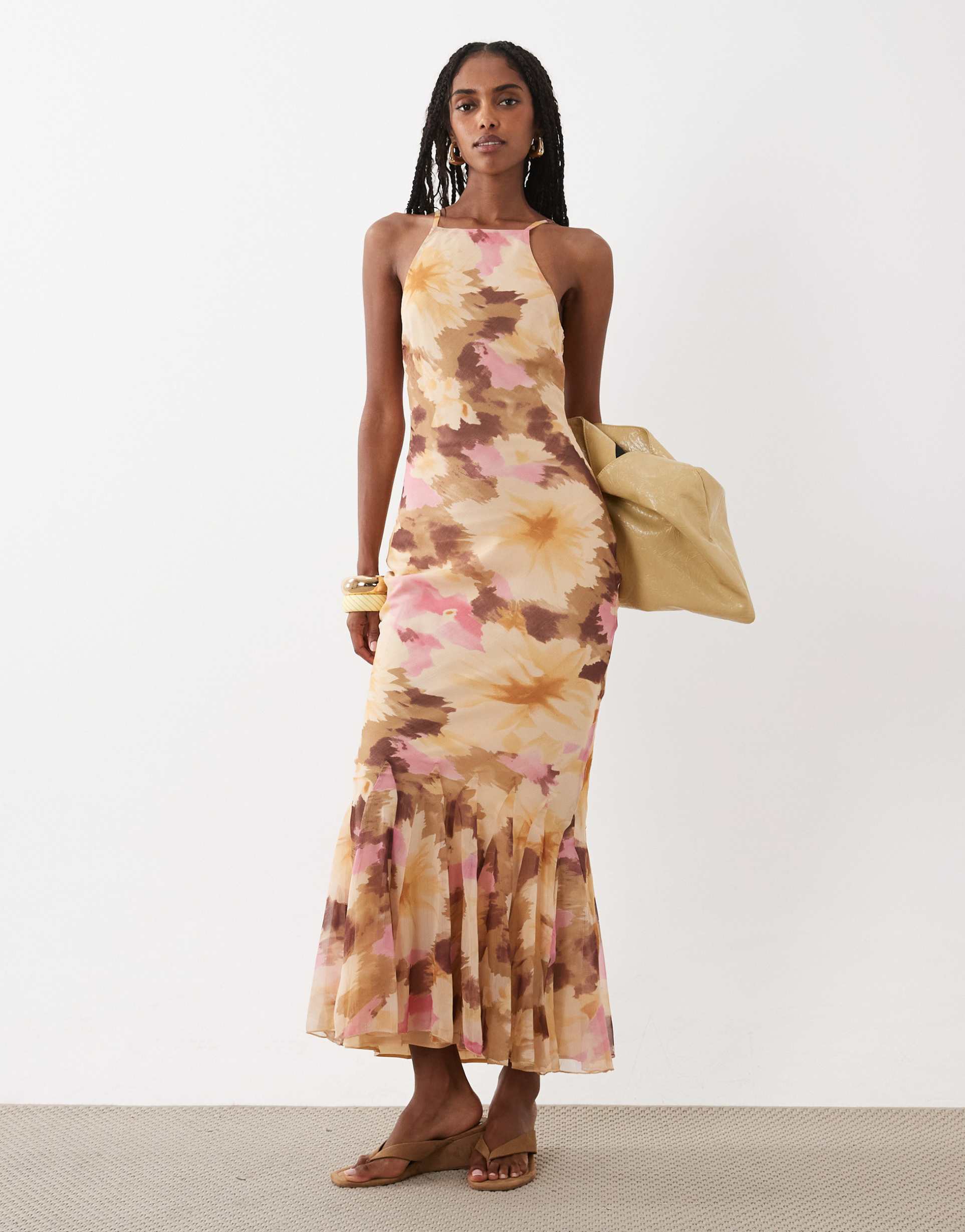 asos design chiffon sleeveless maxi dress with godet hem in pink and orange floral print