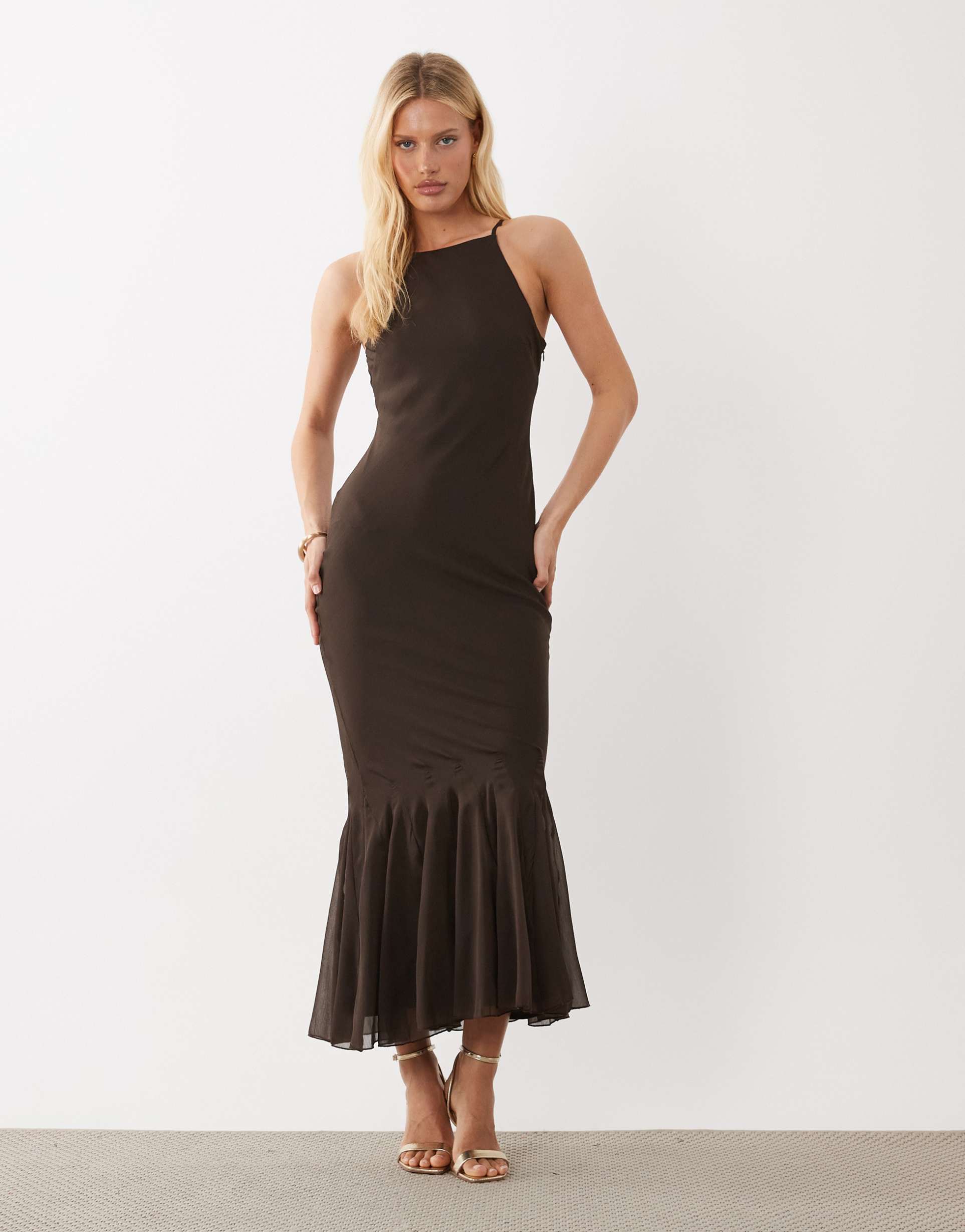 asos design chiffon sleeveless midaxi dress with godet hem in chocolate brown