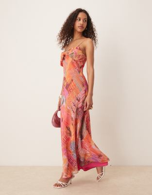 chiffon slip knot bust cami maxi dress in pink print-Multi