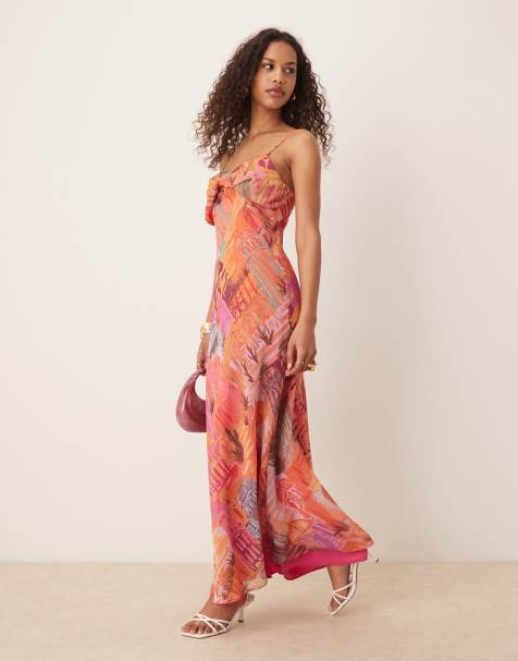 ASOS DESIGN chiffon slip knot bust cami maxi dress in pink print - view 1