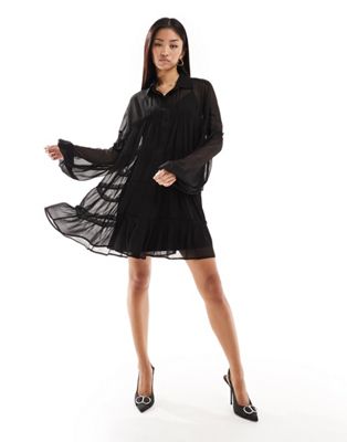 ASOS DESIGN chiffon smock mini shirt dress in black - ASOS Price Checker