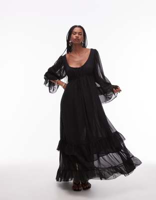 chiffon soft volume tie front maxi dress in black