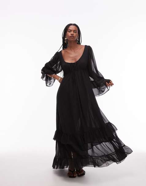 ASOS DESIGN chiffon soft volume tie front maxi dress in black - view 1