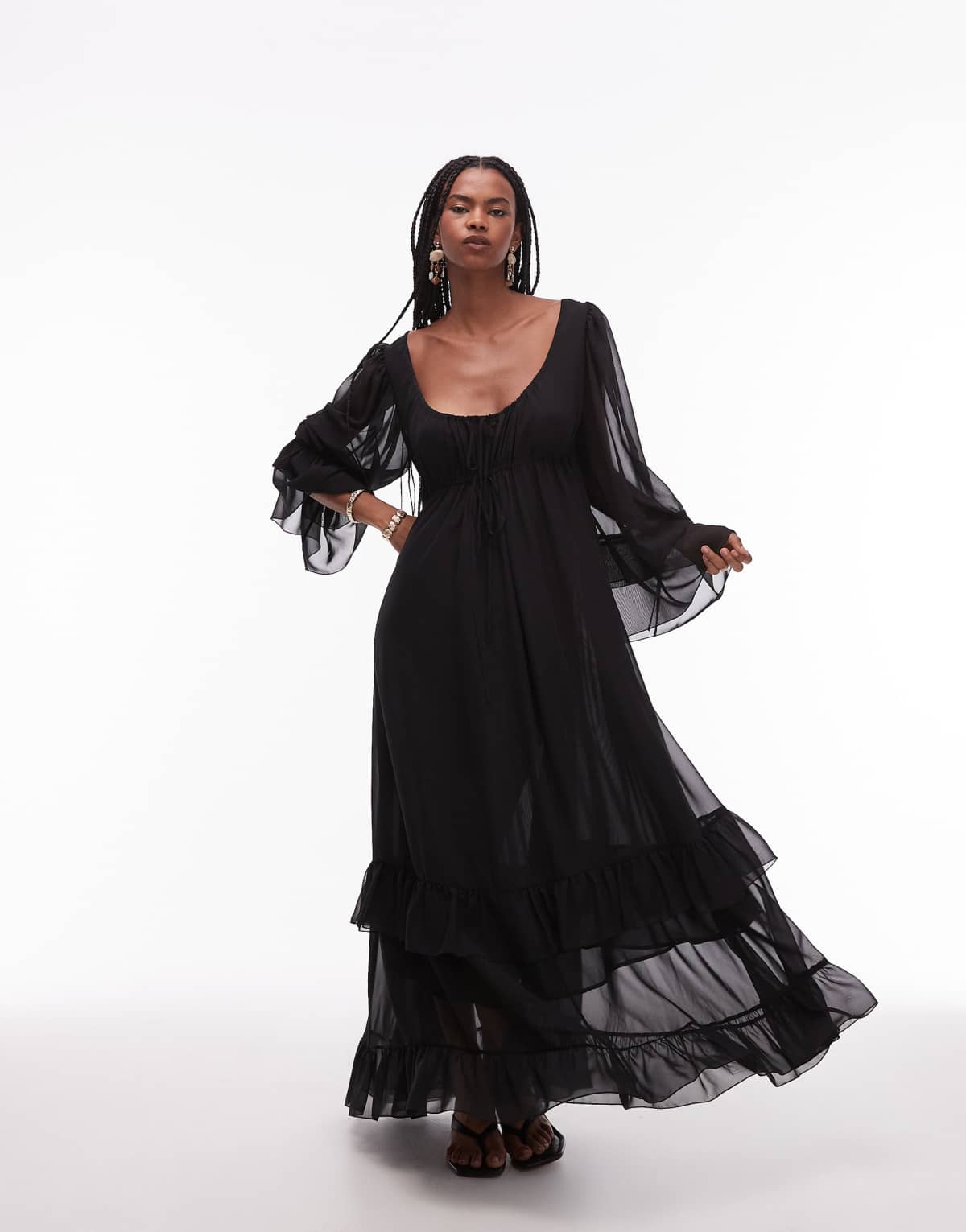ASOS DESIGN chiffon soft volume tie front maxi dress in black