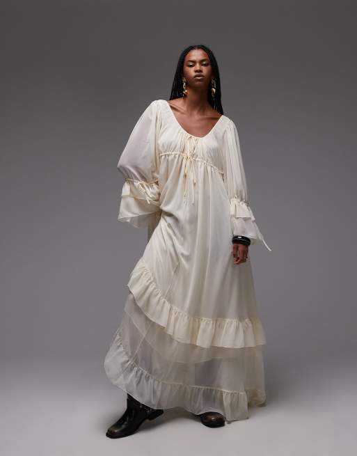 ASOS DESIGN chiffon soft volume tie front maxi dress in ecru